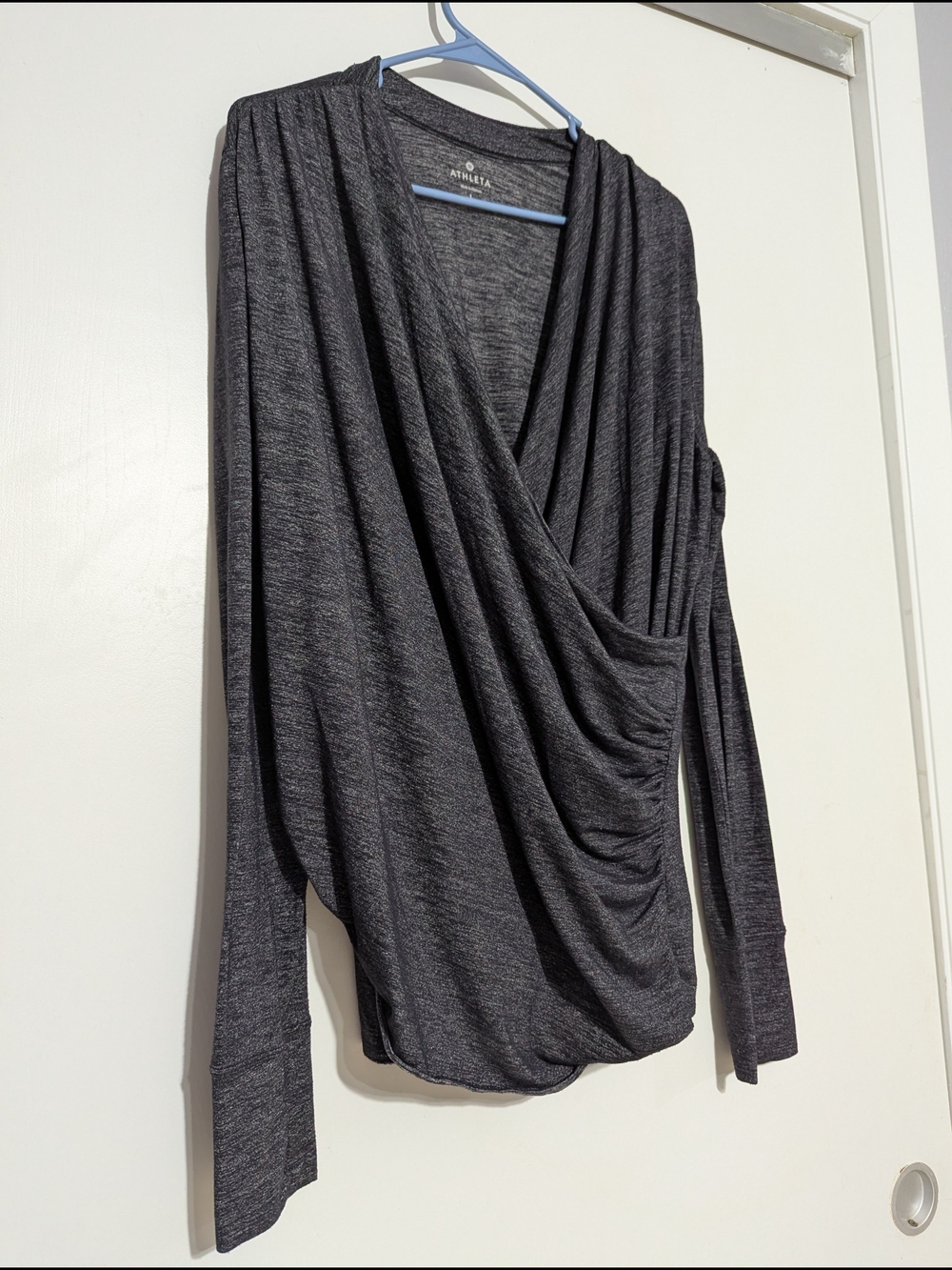 Athleta Charcoal Gray Draped Wrap-Front Long Sleeve Top - Picture 2 of 5
